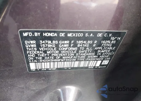 2015 Honda Fit Ex/Ex-L from USA, damaged, VIN 3HGGK5H89FM734238